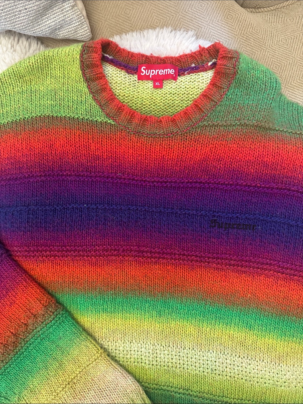Supreme Multicolor Crewneck Sweater in Red, Purple, Green, Yellow